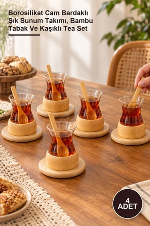 4 Adet Bambu Çay Seti – Borosilikat Cam Bardaklı Şık Sunum Takımı, Bambu Tabak Ve Kaşıklı Tea Set