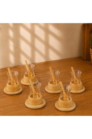 4 Adet Bambu Çay Seti – Borosilikat Cam Bardaklı Şık Sunum Takımı, Bambu Tabak Ve Kaşıklı Tea Set