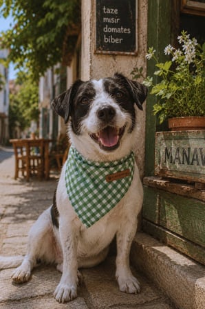 Kedi-Köpek Fuları, Hafif Kumaş, El Yapımı, Tüm Irklar İçin İdeal, Yeşil Pötikareli Kedi/Köpek Fuları