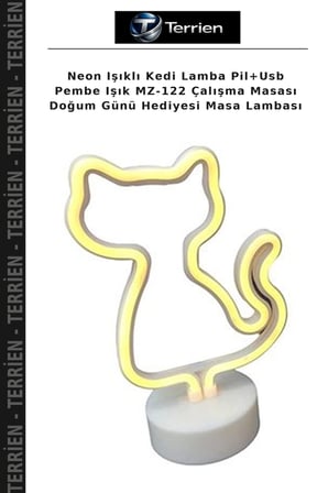Neon Işıklı Kedi Lamba Pil+Usb Pembe Işık MZ-122 Çalışma Masası Doğum Günü Hediyesi Masa Lambası