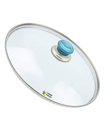 Tencere Sahan Tava Cam Kapağı Kapak 34 cm Turkuaz Tutma Tepesi