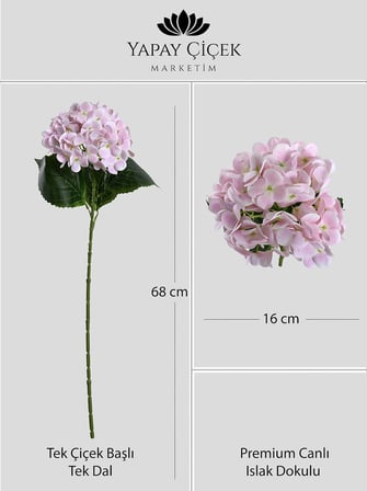 Toz Pembe Yapay Çiçeği  Ortanca Tek Dal Premium Canlı Islak Dokulu 68 cm