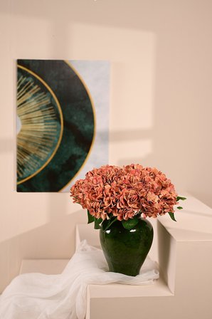  Koyu Turuncu Yapay  Ortanca Çiçeği 5 Dallı Premium Canlı Islak Dokulu 42 cm