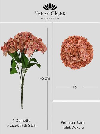  Koyu Turuncu Yapay  Ortanca Çiçeği 5 Dallı Premium Canlı Islak Dokulu 42 cm