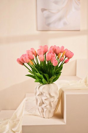 Pembe Yapay Tulipa Lale Çiçeği Buketi 5 Dallı Premium Canlı Islak Dokulu 43 cm