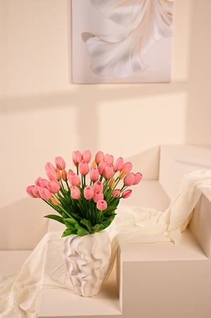 Pembe Yapay Tulipa Lale Çiçeği Buketi 5 Dallı Premium Canlı Islak Dokulu 43 cm