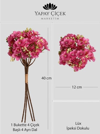 Fuşya Yapay Yasemin Çiçeği Buketi 4 Dallı Lüx İpeksi Dokulu 40 cm