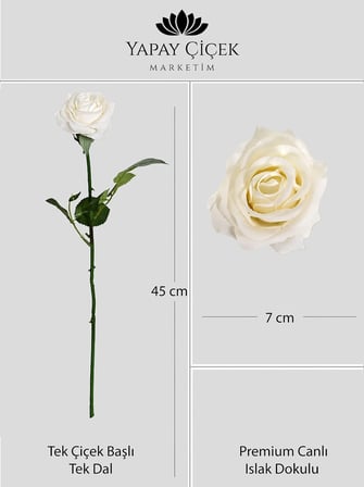 Beyaz Yapay Gül Tek Dal Premium Canlı Islak Dokulu 45 cm