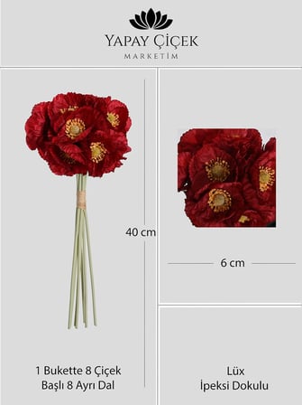 Kırmızı Yapay Gelincik Çiçeği Buketi 8 Dallı Lüx İpeksi Dokulu  40 cm