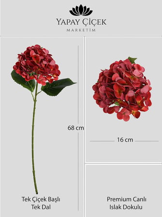 Kırmızı Yapay  Ortanca Çiçeği Tek Dal Premium Canlı Islak Dokulu 68 cm