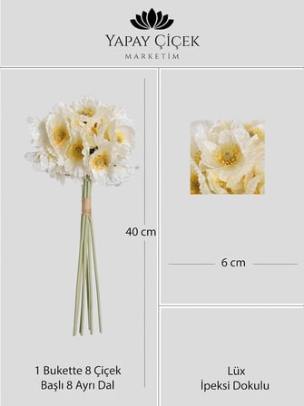 Beyaz Yapay Gelincik Çiçeği Buketi 8 Dallı Lüx İpeksi Dokulu 40 cm