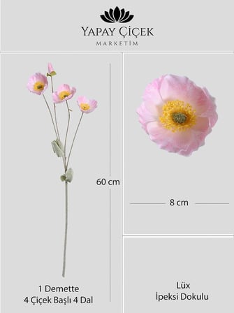 Pembe Yapay Gelincik Çiçeği  4 Dallı Lüx İpeksi Dokulu 60 cm