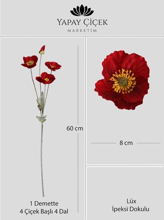 Kırmızı Yapay Gelincik Çiçeği  4 Dallı Lüx İpeksi Dokulu 60 cm