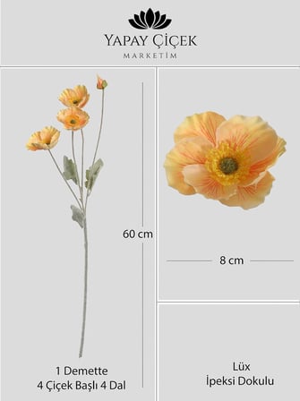 Somon Yapay Gelincik Çiçeği  4 Dallı Lüx İpeksi Dokulu 60 cm