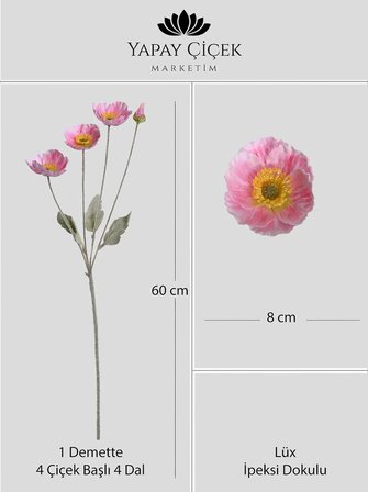 Fuşya Yapay Gelincik Çiçeği  4 Dallı Lüx İpeksi Dokulu  60 cm