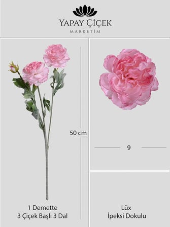 Pembe Yapay Ranunculus Şakayık Çiçeği  3 Dallı Lüx İpeksi Dokulu 50 cm