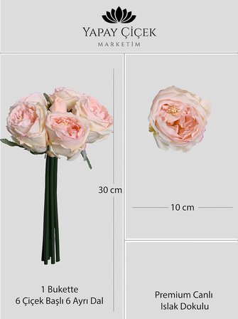 Somon Yapay Lüx Gül Buketi 6 Dallı Premium Canlı  Islak Dokulu 30 cm
