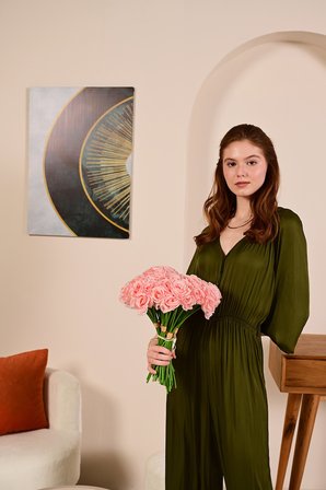 Pembe  Yapay Gül  Buketi 6 Dallı Lüx İpeksi Dokulu 35 cm