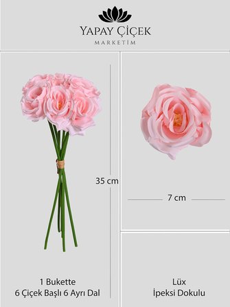 Pembe  Yapay Gül  Buketi 6 Dallı Lüx İpeksi Dokulu 35 cm