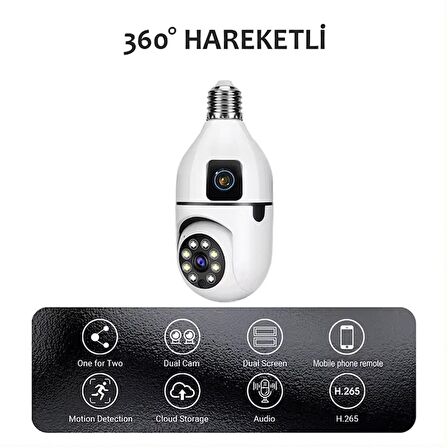 Full HD Çift Kameralı Ampule Takılan Hareketli Kablosuz Wifi İp Güvenlik Kamerası