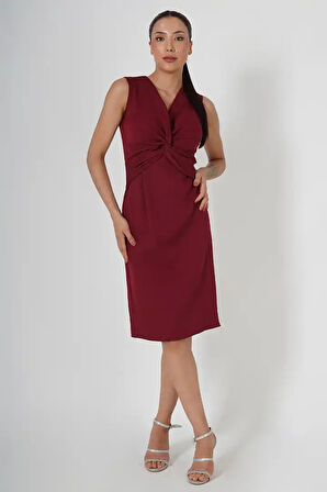 Bordo Renk Kolsuz Düğüm Elbise