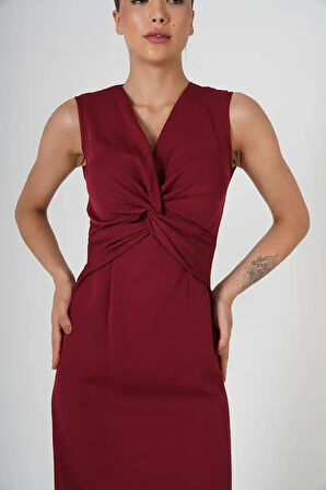 Bordo Renk Kolsuz Düğüm Elbise