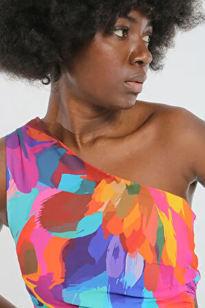 Çok Renkli Tek Omuz Maxi Kadın Elbise