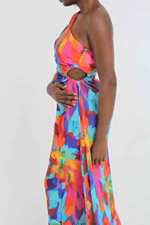 Çok Renkli Tek Omuz Maxi Kadın Elbise