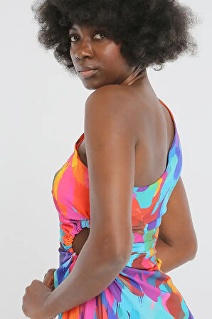 Çok Renkli Tek Omuz Maxi Kadın Elbise