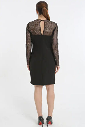 Kolları Tül Cep Detaylı Siyah Renk Kadın Elbise