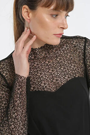 Kolları Tül Cep Detaylı Siyah Renk Kadın Elbise