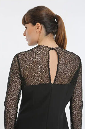 Kolları Tül Cep Detaylı Siyah Renk Kadın Elbise