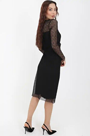 Kolları Tül Düğme Detaylı Siyah Renk Kadın Elbise