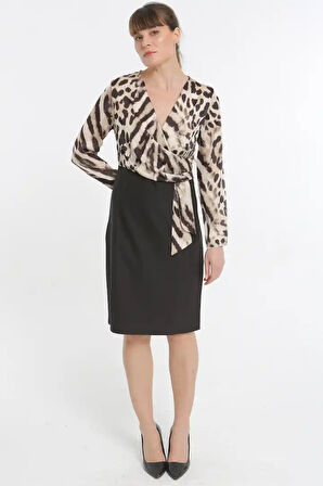 Leopar Gömlekli Kadın Kalem Elbise