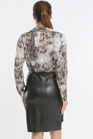 Piton Desenli Deri Etekli Kadın Gömlek Elbise
