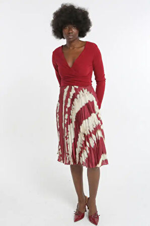 Üstü Triko Altı Desenli Kadın Saten Elbise