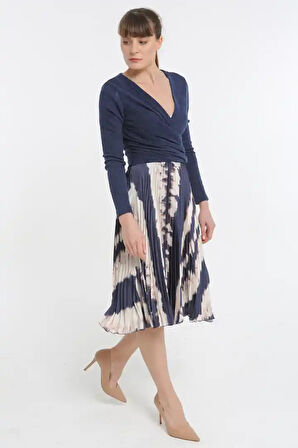 Üstü Triko Altı Desenli Kadın Saten Elbise