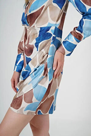 Yaprak Desenli Saten Kumaş Kadın Gömlek Elbise