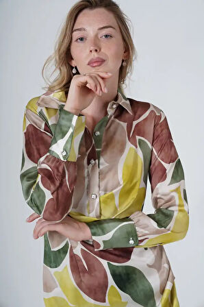 Yaprak Desenli Saten Kumaş Kadın Gömlek Elbise