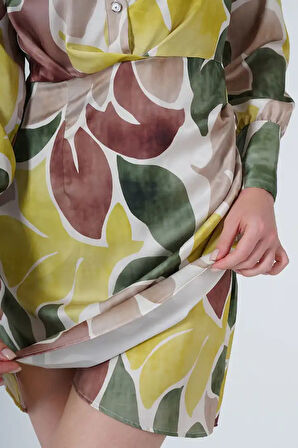 Yaprak Desenli Saten Kumaş Kadın Gömlek Elbise