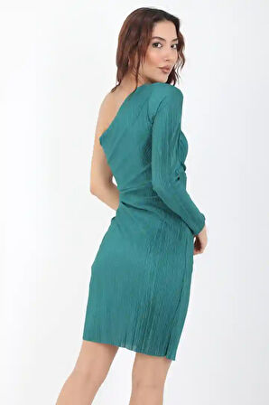 Kadın Zümrüt Yeşili Tek Omuz Piliseli Elbise