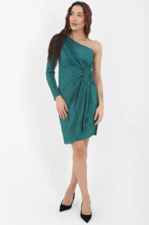 Kadın Zümrüt Yeşili Tek Omuz Piliseli Elbise