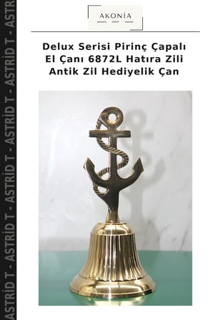 Delux Serisi Pirinç Çapalı El Çanı 6872L Hatıra Zili Antik Zil Hediyelik Çan