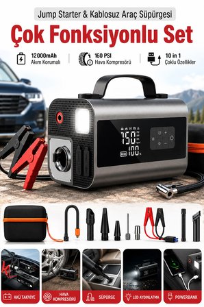 Akü Takviye Hava Kompresör Araç Süpürgesi Vakum 12000mAh Powerbank Çok Fonksiyonlu Jump Starter 2000A