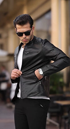 PRİFALDİ Yeni Sezon Dİk Yaka Fermuarlı Erkek Deri Ceket Siyah