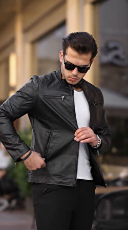 PRİFALDİ Yeni Sezon Dİk Yaka Fermuarlı Erkek Deri Ceket Siyah