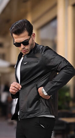 PRİFALDİ Yeni Sezon Dİk Yaka Fermuarlı Erkek Deri Ceket Siyah