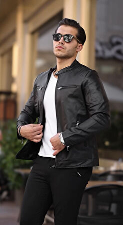 PRİFALDİ Yeni Sezon Dİk Yaka Fermuarlı Erkek Deri Ceket Siyah