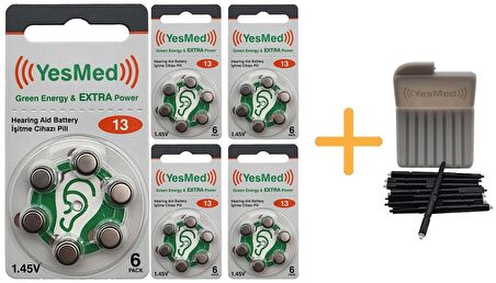 YesMed Extra Power 13 Numara İşitme Cihazı Pili (5 Paket x 6 Adet = 30 Adet Pil) + HEDİYE YesMed WaxStop Filtre