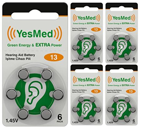 YesMed Extra Power 13 Numara İşitme Cihazı Pili (5 Paket x 6 Adet = 30 Adet Pil)